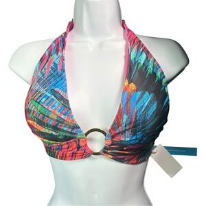 BLEU ROD BEATTIE Wild Thing printed banded halter bikini swim top multicolor NWT